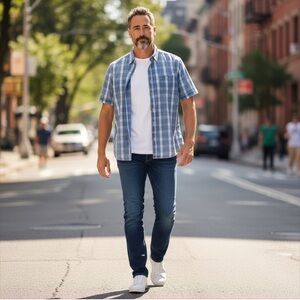 Tommy Bahama Men’s Denim Short Sleeve Blue  Plaid Shirt Size XL